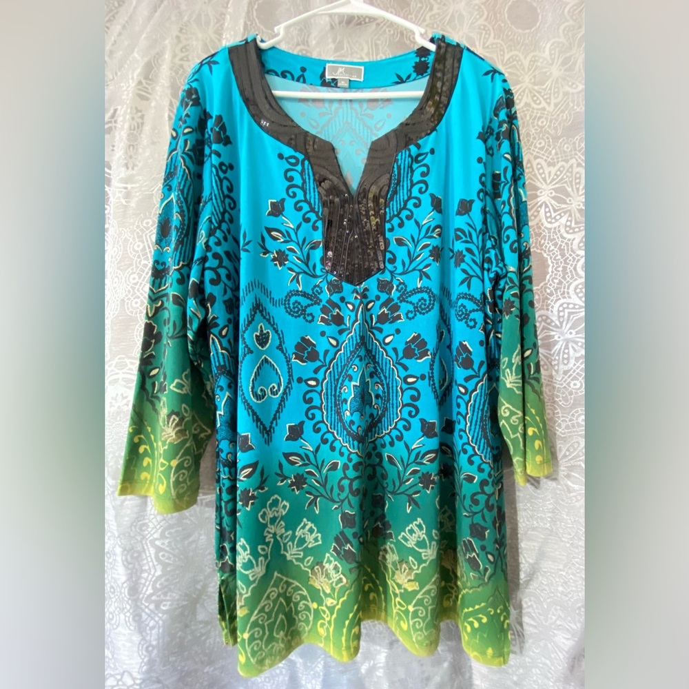 JM Collection women’s Turquoise,Gold Top- Sequin neck detail in black Sz.XL NWOT